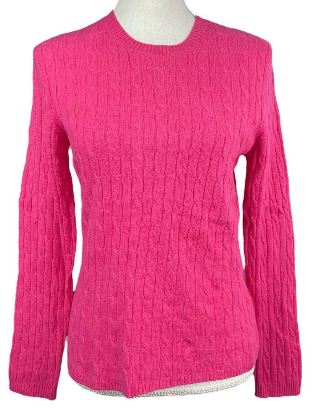 100% Cashmere Cable Knit Sweater S Hot Pink Barbie Crew Neck Pullover Fine Soft